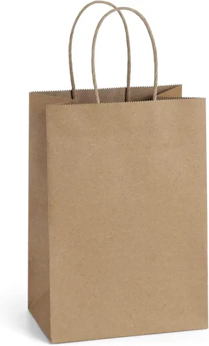 BagDream Bolsas de regalo, 100 bolsas de regalo pequeñas de papel kraft de 5.25 x 3 x 8 pulgadas con asas a granel, bolsas de papel marrón para