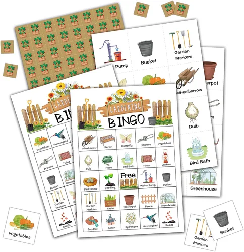 Ycyfckdr Tarjetas de bingo de jardinería, juegos de fiesta de té de jardín para 24 jugadores, diseños novedosos, adultos mayores de 18 años