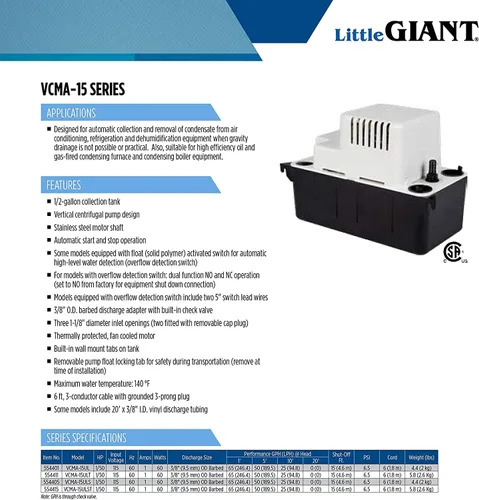 Miniatura 12 de Bomba de extracción de condensación Little Giant/Franklin Electric 554401, capacidad de 5 galones, 25-gph, VCMA-15UL, 15 volts