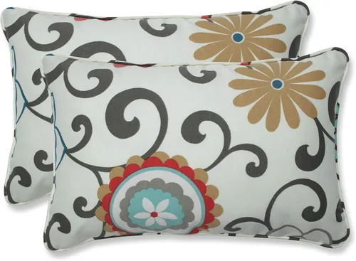 Pillow Perfect Almohadas florales brillantes para interiores/exteriores, 2 unidades, lumbares - 11.5" x 18.5", Pom Pom Play azul/marrón
