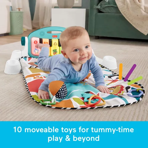 Miniatura 4 de Fisher-Price Alfombrilla de actividad para bebés Glow & Grow Kick & Play Piano Gym, versión en español, juguete de aprendizaje musical azul