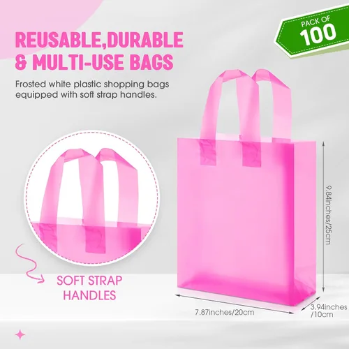 Miniatura 2 de Qilery Paquete de 100 bolsas de regalo de plástico esmerilado con asas, pequeñas bolsas de plástico de 8 x 4 x 10 pulgadas para pequeñas empresas