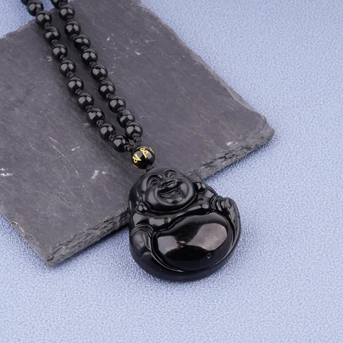 Miniatura 2 de Collar de obsidiana negra con dije de protección de amuleto de la suerte con cadena de cuentas extendida, piedra de cristal curativa, collares