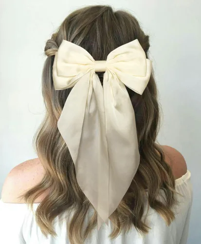 Miniatura 3 de Furling Pompoms Pinza para el Cabello Lazos para el Cabello, 2 piezas Lazos Grandes de Satén Beige/Negro para Mujeres y Niñas, Pasadores