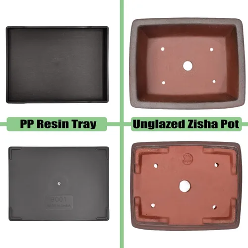 Miniatura 4 de MUZHI Maceta decorativa de cerámica para bonsái de 8.5 pulgadas con bandeja, maceta rectangular transpirable sin esmaltar de arcilla de terracota