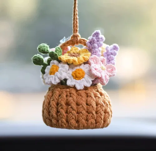 Miniatura 16 de Planta colgante de ganchillo para automóvil, colgador de espejo de automóvil de punto, cesta colgante de ganchillo para plantas de automóvil, lindos
