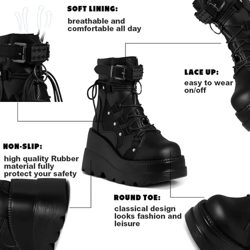 Miniatura 3 de Tscoyuki Botines de plataforma para mujer, botines de tacón alto gruesos, botas de combate góticas, botas de combate para mujer, con cordones, cuñas