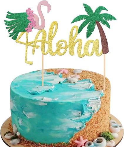 1 decoración para tarta de Aloha con purpurina para baby shower, paleta, palmera, flamenco, decoración para verano, hawaiano, Luau, tropical, Aloha,