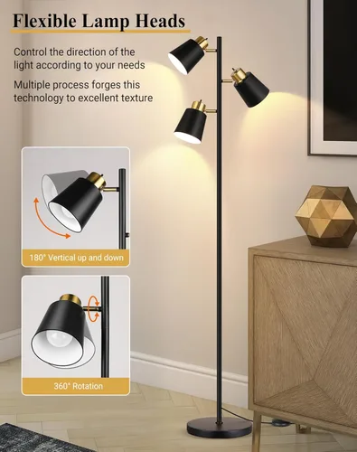 Miniatura 2 de QiMH Lámparas de pie de árbol para sala de estar, lámpara de pie moderna de 67 pulgadas con 3 bombillas LED, lámpara alta industrial de lectura