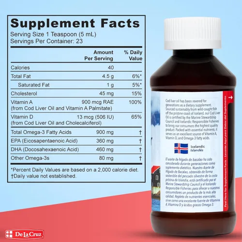 Miniatura 7 de De La Cruz Aceite de hígado de bacalao líquido puro de pescado islandés capturado en la naturaleza, rico en vitamina D y aceite de pescado Omega 3