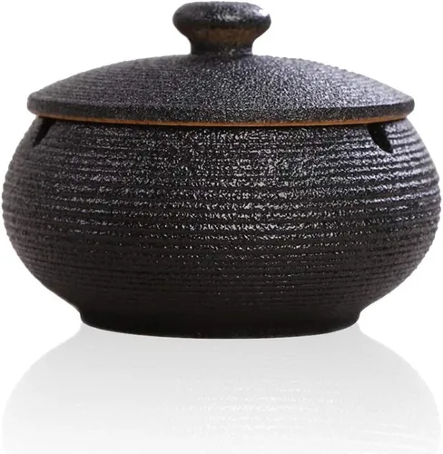 Lependor Cenicero de cerámica con tapas, a prueba de viento, para uso en interiores o exteriores, soporte para cenizas para fumadores, para Negro