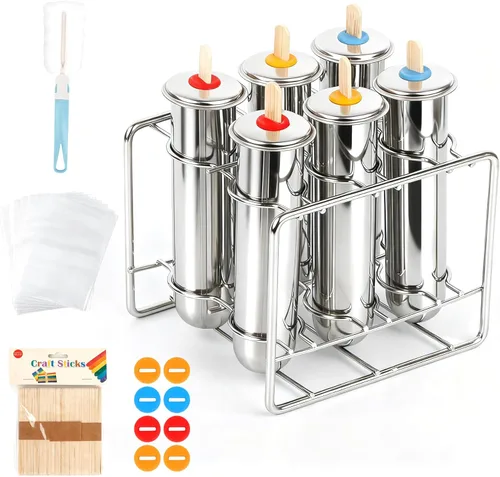 Juego de 6 moldes para paletas de acero inoxidable, máquina de paletas caseras con 50 palitos, 20 bolsas, 14 sellos de silicona, 1 cepillo de