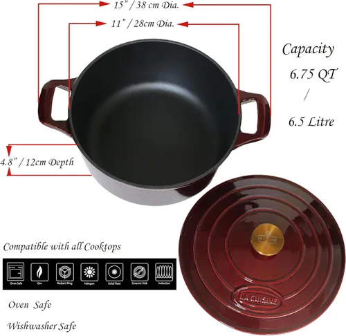 Miniatura 6 de La Cuisine - Cacerola de hierro fundido esmaltado para horno holandés con tapa, 6.5 cuartos de galón de 11 pulgadas/11.0 in de diámetro. Arándano