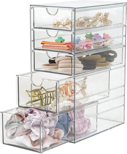 Cajón de plástico con 5 cajones de diferentes tamaños, organizador de accesorios para el cabello gris claro transparente, organizador de baño
