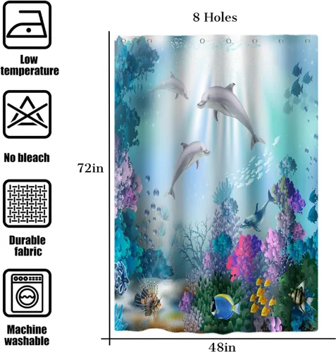 Miniatura 4 de Yeele Cortina de ducha con diseño de delfín, diseño de animales submarinos, tropical, con temática de vida silvestre, océano, azul, para baño