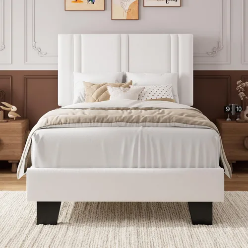 Miniatura 13 de iPormis Marco de cama de plataforma twin con cabecera tapizada de tela y patas engrosadas, base de colchón con soporte de listones de madera maciza