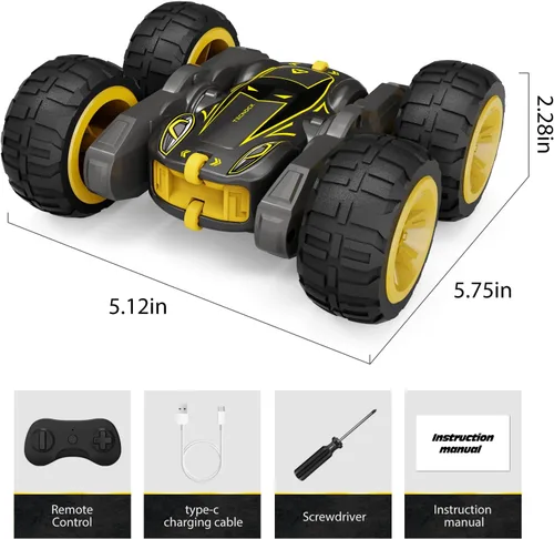 Miniatura 7 de Tecnock - Auto a control remoto para niños, autos RC de 2.4GHz con carga fácil USB-C, 4WD doble cara que gira 360° y voltea, auto de acrobacias RC
