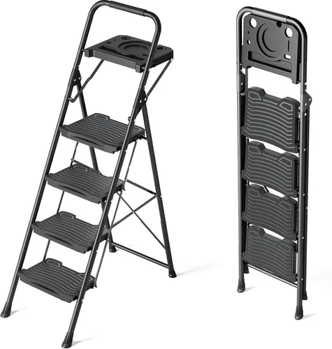 Miniatura 11 de KINGRACK - Escalera plegable de 4 escalones, escalera de 4 pasos con pedal ancho antideslizante y pasamanos, escalera doméstica ligera, aprueba