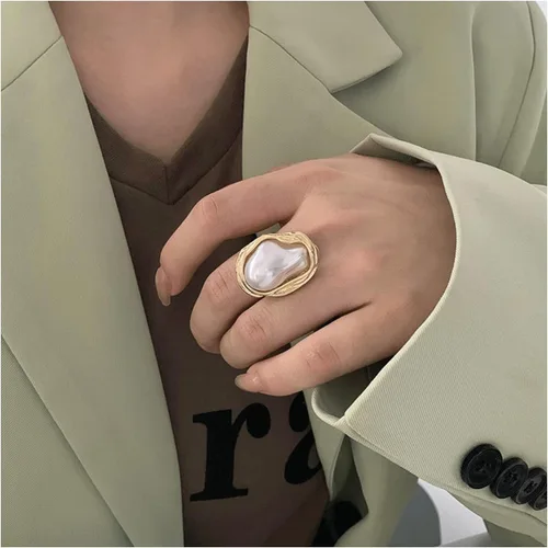 Miniatura 7 de NORLSO Anillo de perlas barrocas delicado, anillo geométrico de perlas irregulares, anillo abierto ajustable, regalo de boda y cumpleaños