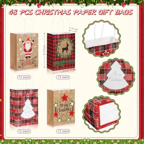 Miniatura 3 de Resholder 48 Piezas Bolsas de Papel Kraft de Regalo de Navidad a Granel con Asas Bolsas de Dulces Navideñas Reutilizables para Regalos Suministros