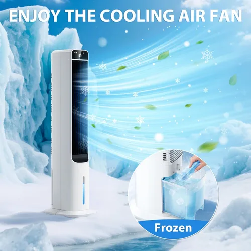 Miniatura 2 de Enfriador de aire evaporativo portátil, ventilador de torre de enfriamiento de pantano 2 en 1 con control remoto, 4 paquetes de hielo, oscilación