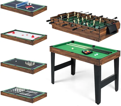 GYMAX Mesa de Juegos Múltiples, Mesa de Juegos Combinada 10 en 1 con Mesa de Futbolín, Hockey, Mesa de Billar, Ping Pong, Shuffleboard, Bolos y 4