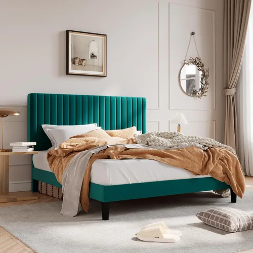 Miniatura 3 de SHA CERLIN - Base de cama tamaño Queen tapizada con plataforma y cabecera acolchada de terciopelo con canales verticales ajustables, soporte