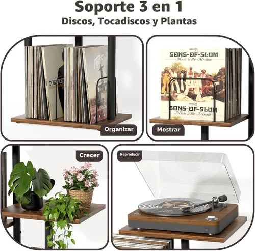 Miniatura 2 de Bikoney - Soporte Botánico para Tocadiscos con Almacenamiento de Vinilo, Mueble de Mesa para Tocadiscos de Madera con Estante para Discos LP