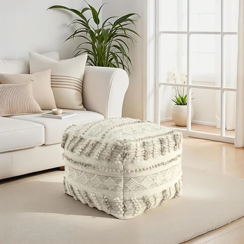 Miniatura 11 de Puf otomano de mezcla de algodón de tejido plano con bloques de color azul/beige para decoración del hogar Reposapiés industrial hecho a mano