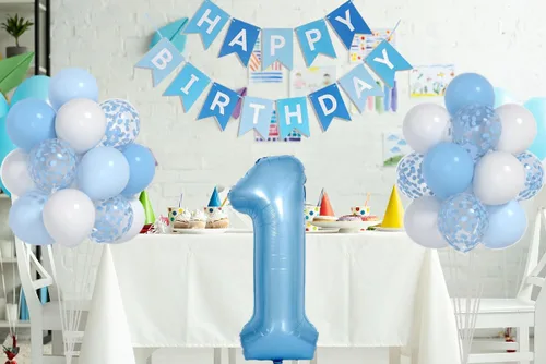 Miniatura 6 de Globos azul bebé y blancos y globo número 1 de 40 pulgadas, decoraciones de primer cumpleaños para niño con globos de confeti azul y blanco