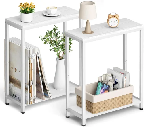 Miniatura 9 de SLEEPING LAMB Mesa auxiliar estrecha pequeña para espacio pequeño, mesa auxiliar de sofá de 2 niveles, mesa de noche delgada para sala de estar