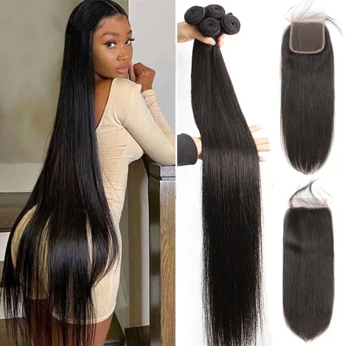 Miniatura 29 de YISEA Paquetes de cabello humano liso con cierre de encaje (12 14 16+10 cierre) Paquetes de cabello humano 3 con cierre de encaje 4x4 100%