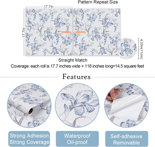 Miniatura 7 de VaryStyle Papel tapiz floral azul gris de 17.7 x 118 pulgadas, para despegar y pegar, ramo de flores de iris, papel de contacto floral, papel