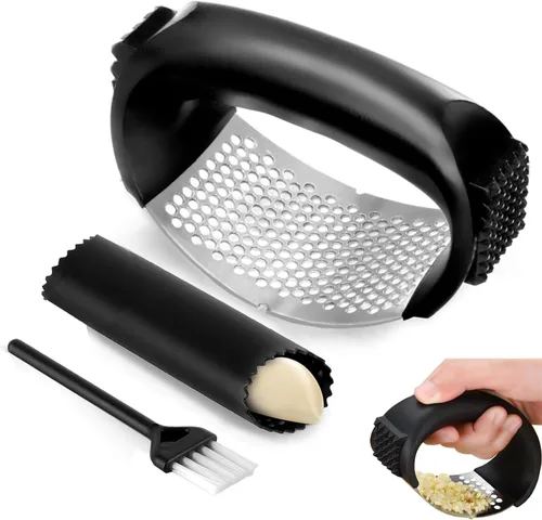 Juego de balancines de prensa de ajo de acero inoxidable con pelador de ajo y cepillo de limpieza, herramienta de picadora de ajo, accesorios de