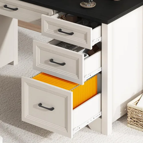 Miniatura 5 de Vabches Escritorio ejecutivo de granja con cajones, escritorio de oficina en casa con cajón de archivos, escritorio de madera para computadora