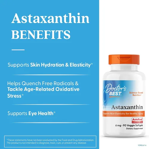 Miniatura 2 de Doctor's Best Suplemento vegano de astaxantina de 6 mg – Elasticidad de la piel y apoyo antioxidante para hombres y mujeres, extracto de microalgas
