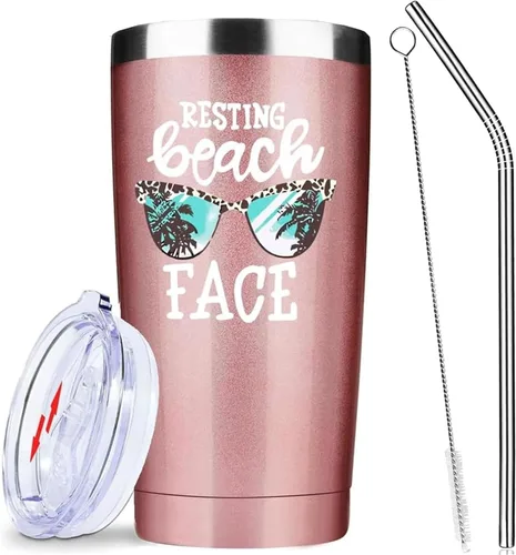 Miniatura 8 de ATHAND Vasos aislados de 20 onzas con tapa y pajilla, cara de playa en reposo, doble pared, acero inoxidable al vacío, para café, vino, taza