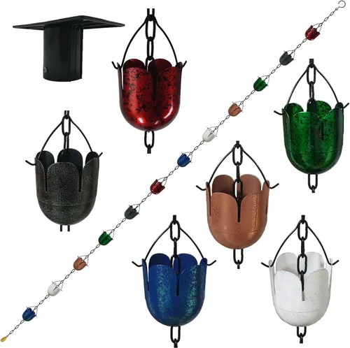 Miniatura 9 de Cadenas de lluvia de hierro multicolor de 5.8 pies para canaleta y barril de lluvia, resistente al óxido, cadena de lluvia chapada para decoración