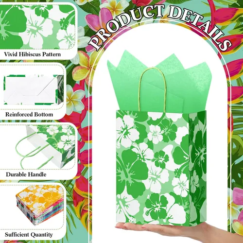 Miniatura 3 de Teling 12 Set Hibiscus Party Favor Hawaiian Themed Paper Bag with Tissues Summer Tropical Gift Tiki Luau Treat Hawaii Goodie Bags with Handles