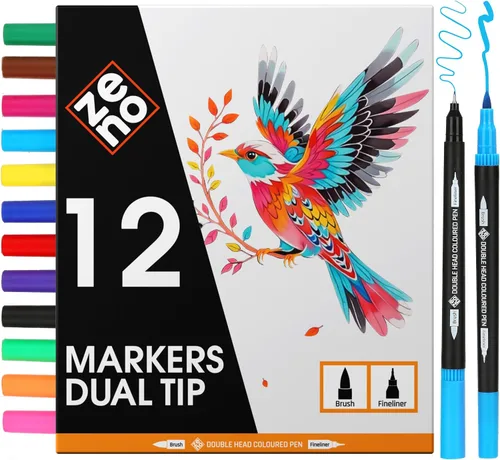 ZENO Juego de 12 marcadores de doble punta -C - Marcadores para colorear que no se corren para adultos - Punta fina y pincel - Bolígrafos de