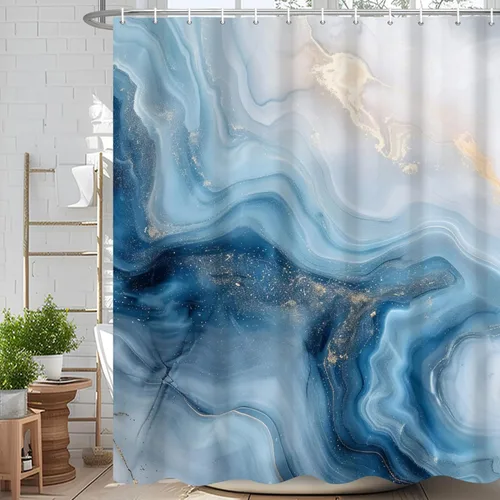 Miniatura 31 de Cortina de ducha abstracta de mármol negro gris y dorado con grietas, cortina de baño moderna ombre impresa, cortina impermeable y lavable de tela