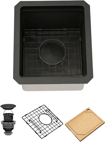 Fregadero de barra de montaje inferior negro, fregadero de cocina de acero inoxidable 304S de calibre 16 con repisa de estación de trabajo y
