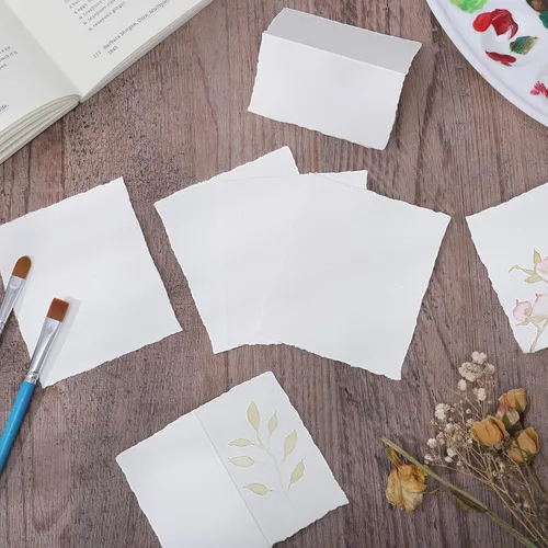 Miniatura 4 de 50 hojas de papel para acuarela 3.5 x 2, 300 g/m² Papel de borde deshilachado Papel hecho a mano rugoso/texturizado para acuarelas, invitaciones