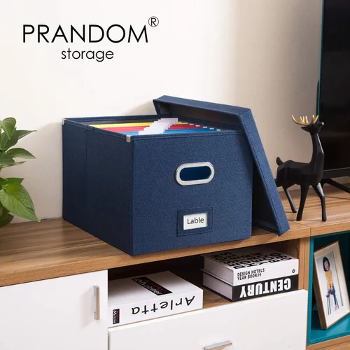 Miniatura 2 de PRANDOM Caja organizadora de archivos, juego de 2 carpetas plegables decorativas de lino para almacenamiento de archivos colgantes con tapas, Azul