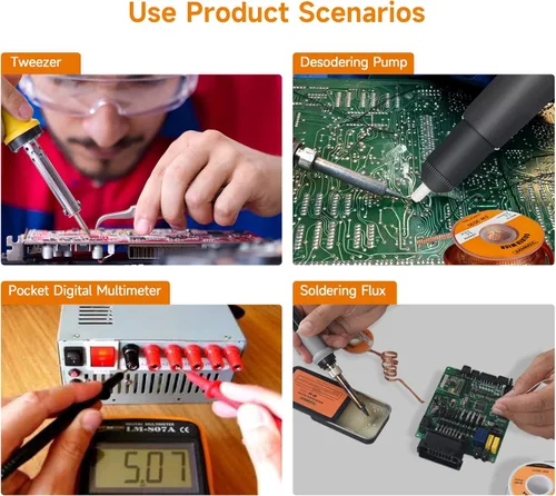 Miniatura 7 de Kit de soldadura TOWOT, soldador electrónico de 60 W con temperatura ajustable, bomba desoldadora, alambre de estaño, mecha de soldadura, pinzas