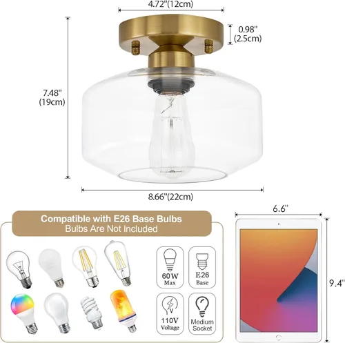 Miniatura 3 de BISAMIYA Lámpara de techo moderna dorada, acabado de latón, lámpara de techo semiempotrada con pantalla de vidrio transparente de 8.66 pulgadas