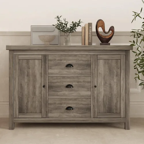 Miniatura 2 de Aparador de cocina con estructura de madera resistente, 3 cajones y 2 puertas con amplio espacio de almacenamiento en gris