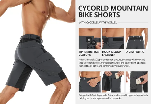 Miniatura 4 de Pantalón corto Cycorld para ciclismo de montaña, bolsillos con cierre de cremallera, liviano, ligero de ajuste, para hombre