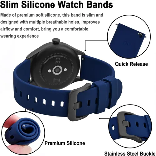 Miniatura 14 de BISONSTRAP Correas de reloj de silicona, correas de reloj delgadas con liberación rápida, 0.787 in, negro con hebilla negra