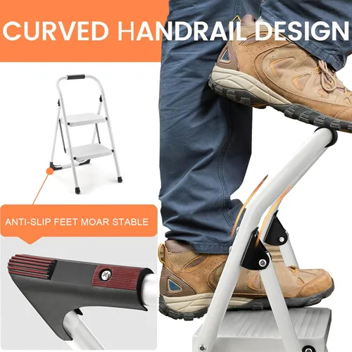 Miniatura 5 de Taburete para adultos, escalera de 2 escalones plegable de 330 libras, taburete antideslizante plegable, ergonómico, de acero con pedal ancho